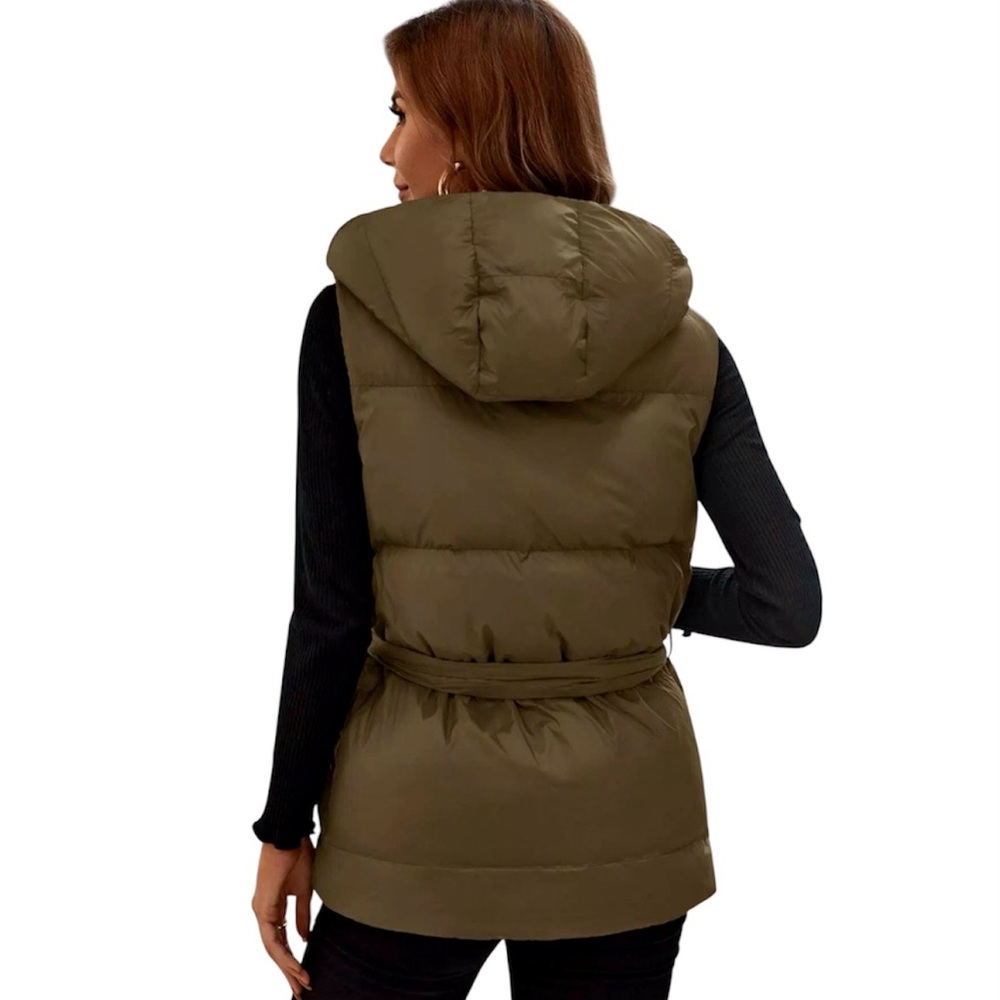 Zella Longline Hooded Zip Up Belted Puffer Vest Olive Green Women’s Sz XXS - Picture 4 of 14